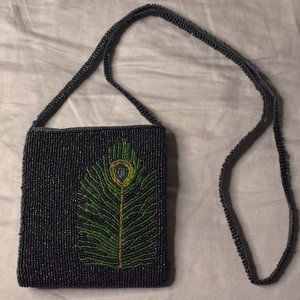 Black Beaded Peacock Feather Pouch